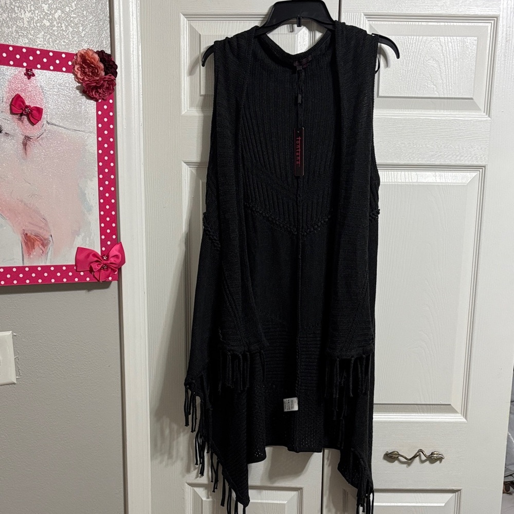 Western Black Knit Fringe Boho Vest NWT